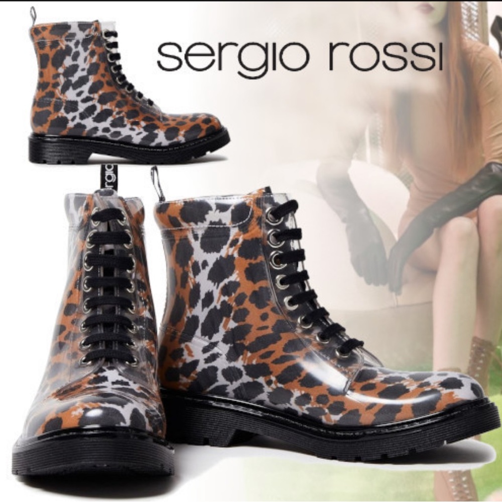 SERGIO ROSSI Leopard-print PVC combat boots Brand New in Box! Size EU37/us 6.5-7